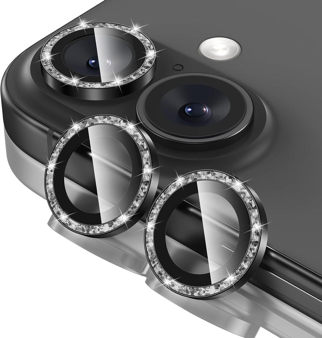 Tensea for iPhone 16 / iPhone 16 Plus Camera Lens Protector, 9H Tempered Glass Camera Cover Screen Protector, HD Clear, Metal Individual Ring for iPhone 16 6.1inch/16 Plus 6.7inch (Glitter Black-1pcs)