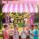7 Pcs Ice Cream Bar Stand Supplies Ice Cream Bar Cart Party Decoration with 1 Set Plastic Stand 1 Pink and White Sunshade Cloth 4 Pink Tinsel 1 Banner for Icecream Party Supplies Bakery Backdrop