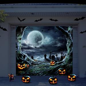 Preboun 7 x 8 ft Halloween Garage Door Cover Decorations Hanging Halloween Single Garage Door Banner Horror Graveyard Night Backdrop Decor for Outdoor Indoor Home Party