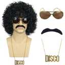karlery Men Short Curly Black Wig with Mustache Golden Necklace Glasses 70s 80s Disco Afro Rocker Wig Fluffy Breathable for Cosplay Event Costume Halloween Party Wig