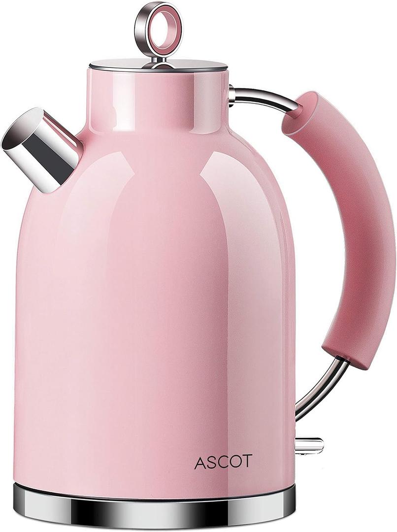 Electric Kettle, ASCOT Glass Electric Tea Kettle 1.5L 1500W Retro Tea Heater & Hot Water Boiler, No Plastic, BPA-Free, Cordless, with Auto Shut-Off and Boil-Dry Protection (Pink)