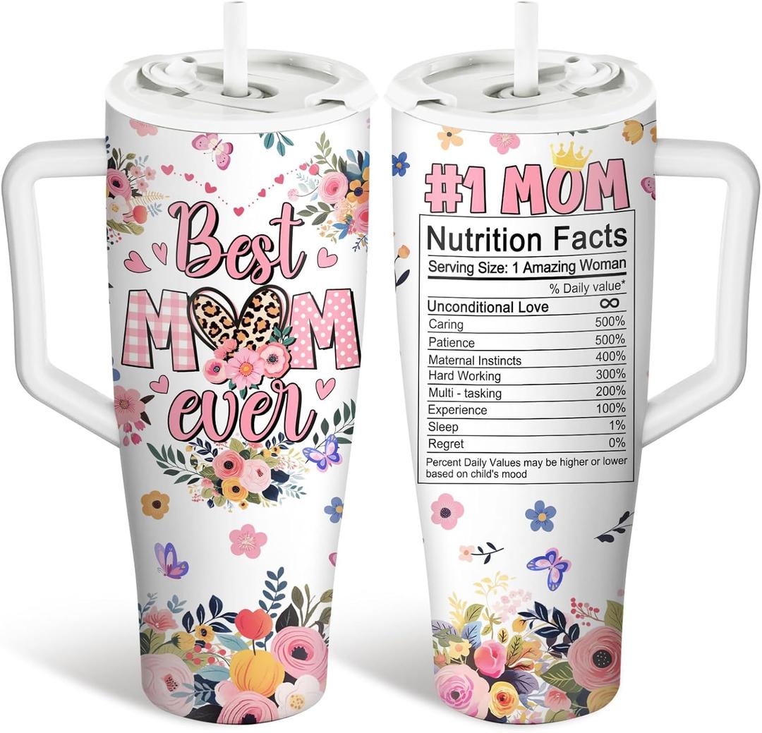 Best Mom Ever Tumbler - 40 oz with Handle and Straws, Leak-proof, Stainless Steel Insulated Travel Coffee Mug, Best Mom Cup Gifts for Mom's Birthday, Mother's Day Gifts from Daughter Son (1 pc)