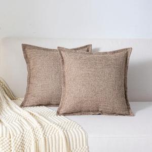 18"X18" Pack of 2, Decorative Linen Soild Throw Pillow Covers with Stylish Flange Edge Cozy Farmhouse Neutral Pillowcase for Couch Sofa Bedroom Living Room Home Décor Light Brown