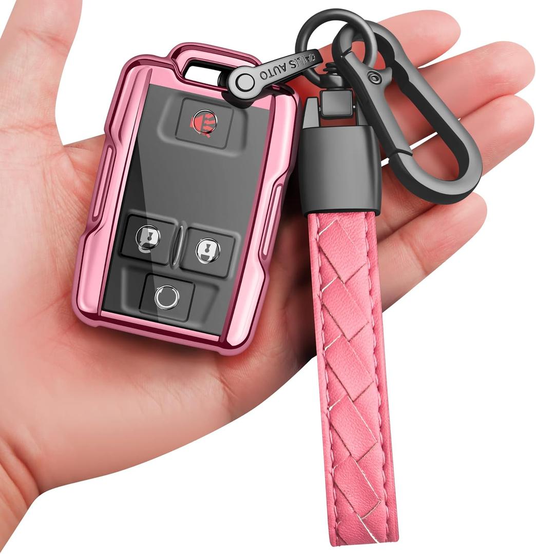 Sindeda for Chevrolet Key Fob Cover With Keychain Full Protection Key Shell Key Case Compatible with Silverado Suburban Tahoe Colorado GMC Sierra Yukon Canyon-Pink