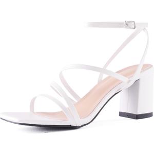 LACUONE Strappy Heels for women Block Heels Square Toe Chunky Ankle Buckle Pump Heeled Sandals (8.5, White)