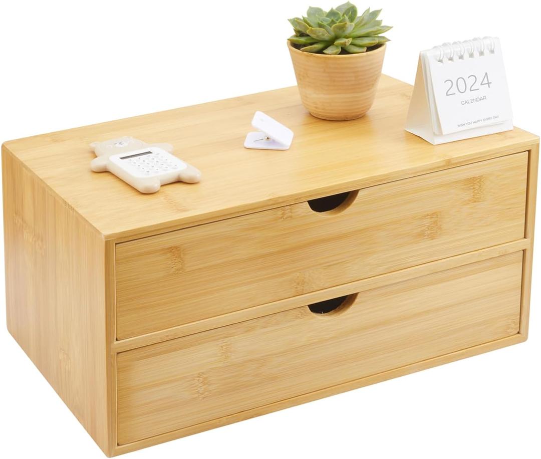 Bamboo Desk Organizer With Drawers Countertop Drawers Counter Storage Box Corner Desk Organizer for Home Office No Assembly Required (2 Drawers) (7.5"D x 13.4"W x 6.3"H)