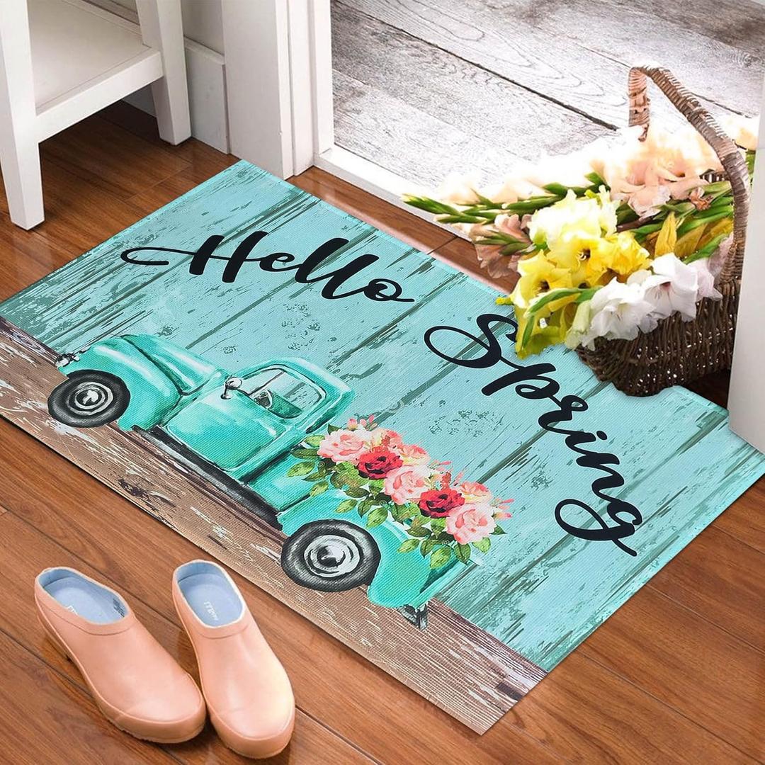 Spring Door Mat 30 X 17 Inch - Floral Truck Hello Spring Doormat Indoor Outdoor Entrance Patio Floor Mat Non Slip Durable Spring Decor Rubber Mats 