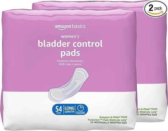 Amazon Basics Incontinence Pads for Women Long, Bladder Control, Postpartum, Moderate Absorbency, Unscented, 108 Count (2 Packs of 54)