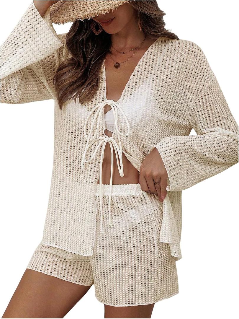 SHENHE Women's 2 Piece Swim Cover Up Set Tie Front Long Sleeve Kimono Cardigan and Shorts Beach Coverups (Beige, S)