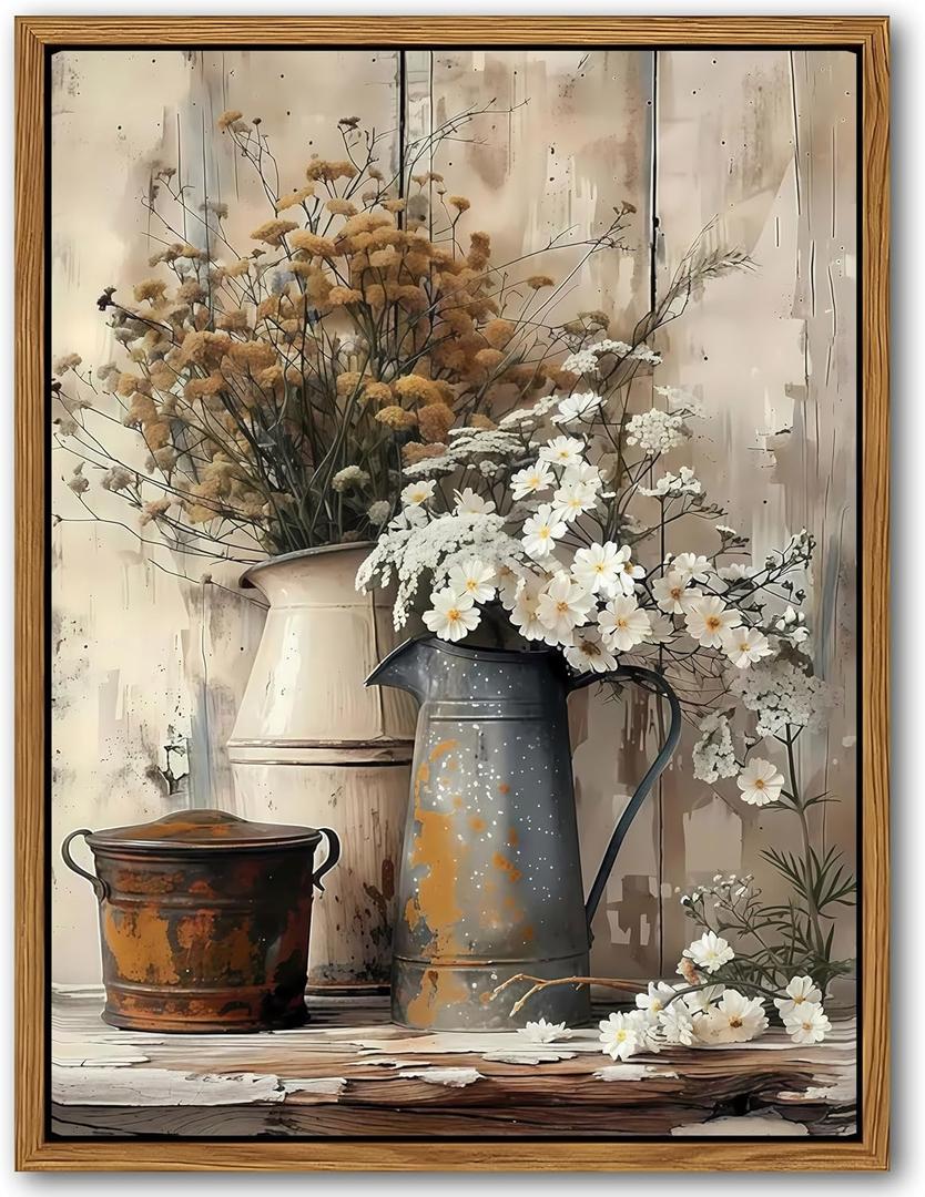 Floating Framed Farmhouse Vintage Canvas Wall Art, Country Floral Daisy Pictures Wall Decor, Wood Grain Art Paintings Poster for Living Room Bedroom Bathroom Rustic Decor 12x16 inch (Retro Flowers)