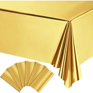 Tatuo 6 Pieces Foil Party Rectangular Table Covers Table Cloth 54 x 108 Inch Shiny Plastic Waterproof Tablecloth Party Desk Cover for Wedding Anniversary Engagement (Gold)