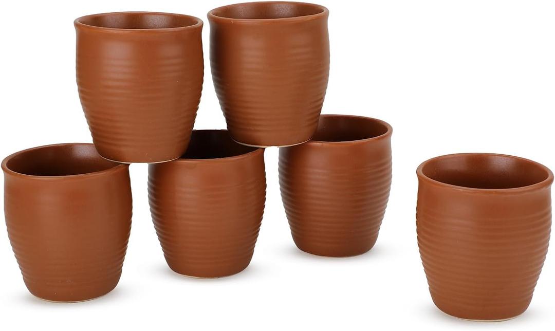 Handmade Ceramic Tea Cups Set  6 Desi Kulhad Chai/Coffee Cups (5 oz Capacity), Lead-Free, Dishwasher & Microwave Safe, Glazed, Glossy finish Clay Tea Cups/kulhar/kullar - Brown