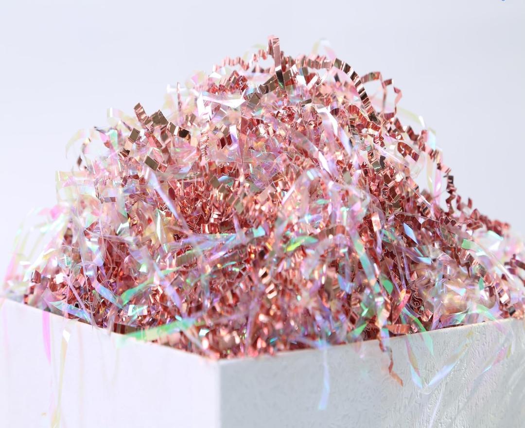 MOLLHAITY 1/2LB Crinkle Cut Paper, Shred Great for Gift Filler, Basket Filling, Birthdays, Weddings, Anniversaries, Easter, Valentines Day, and other occasions (Iridescent Rose Gold-A)