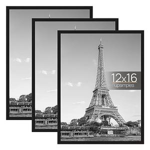 upsimples 12x16 Picture Frame Black 4 Pack, Scratch-Proof Poster Frames 12 x 16 for Photo Gallery - Slide-In Strips, Horizontal or Vertical Wall Mounting