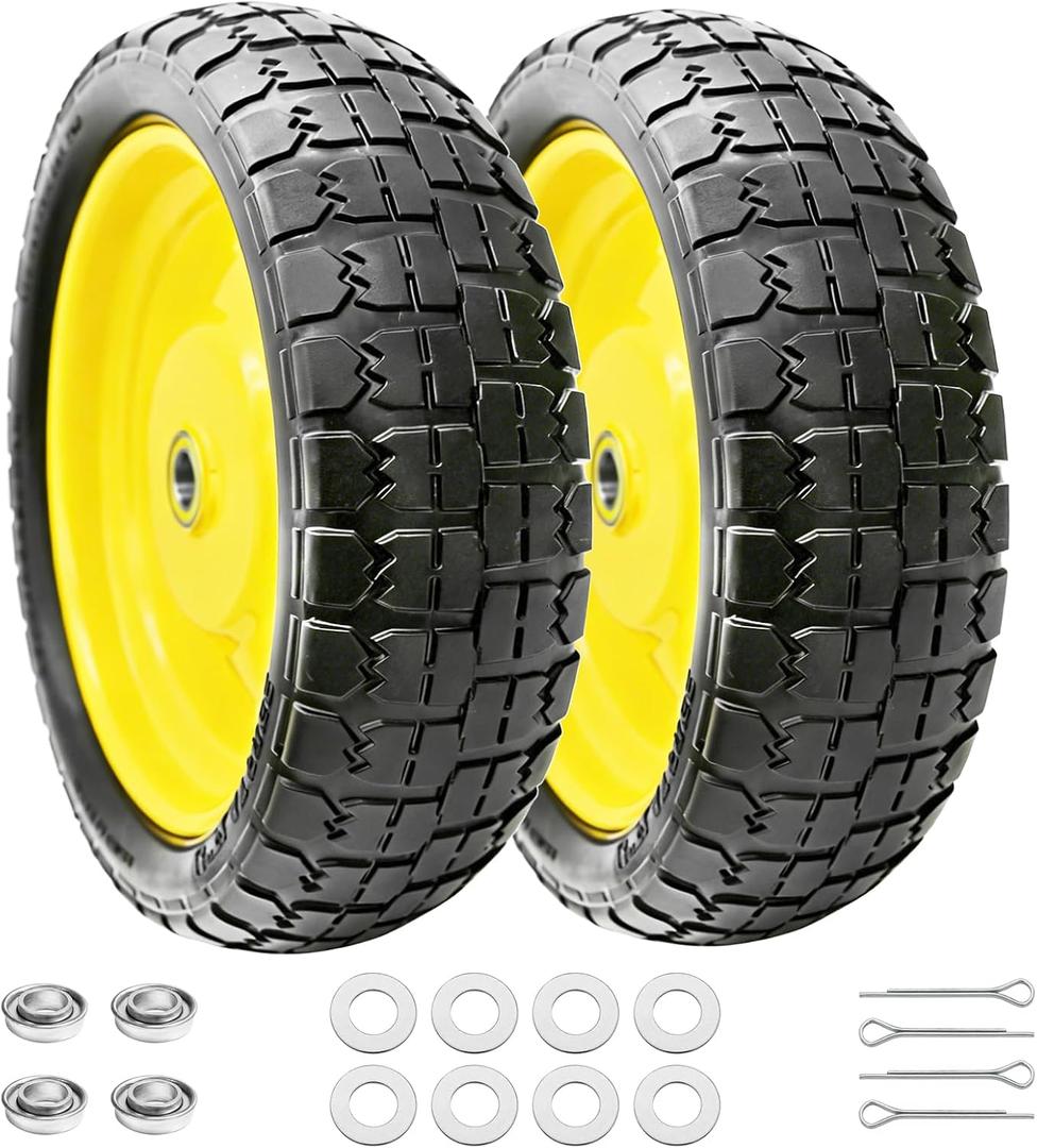 13 Inch 4.00-6 Flat Free Tire and Wheel Replacement for Gorilla Cart with 3/4" & extra 5/8" Bearings, 4.00-6 Wheelbarrow Tire, 13" Garden Cart Wheels, Trailer Turf Tire, 2 Pack