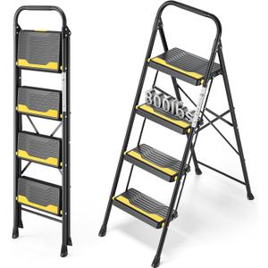 Urackify 4 Step Ladder, Heavy-Duty Pass 800lb Capacity Test, Wide Anti-Slip Steps & Secure Handrail Compact, Folding Step Stool Portable Design for Home, Kitchen, Office, Pantry, Closet Use, Black