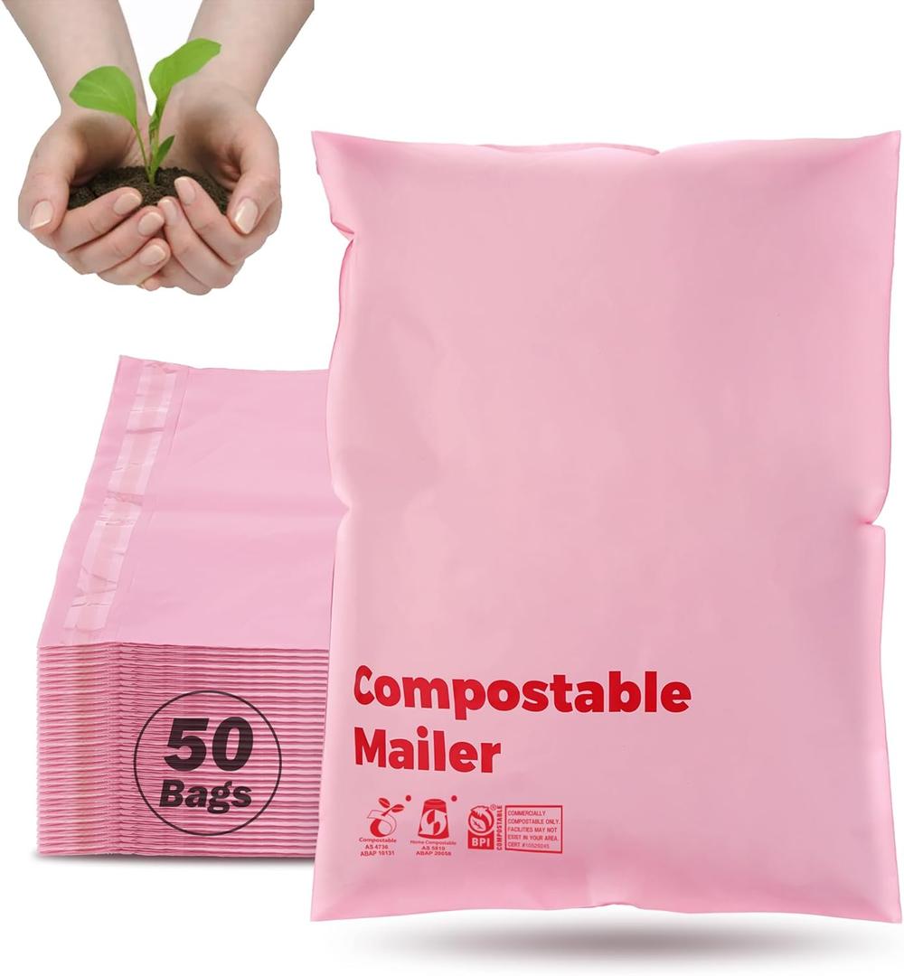 JENCENBIO Compostable Mailers Bags 10x15inch with Self-sealing Strip Eco Friendly Shipping Bags Envelopes for Clothing Shoes Packaging Pink
