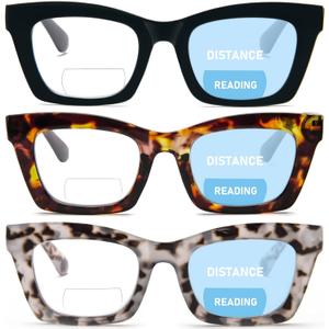 REAVEE 3 Pack Bifocal Oprah Style Reading Glasses for Women, Blue Light Blocking Stylish Thick Frame Readers Spring Hinges (Black/Leopard/Grey Leopard)