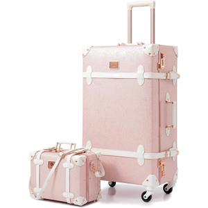 urecity 26" Vintage Luggage Set, 2 Piece Elegant Pink Retro Checked Suitcase with Cosmetic Case, Luxury Vegan Leather Aluminum Frame Spinner Trunk for Women (with Protective Clear Cover), 26"+12"