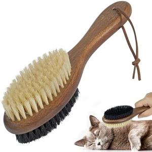 TAKAVU Short Hair Dog & Cat Deshedding Brush - Double Sided Grooming Tool with Silicone Massage & Bristle Sides - Removes Loose Fur & Dirt - Wood Handle