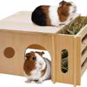 Fhiny Guinea Pig Wood House with Hay Feeder, Detachable Chinchilla Hut Hideout Small Animal Hideout Hideaway Natural Hamster Habitat Decor for Guinea Pig Chinchilla Dwarf Rabbit Hamster