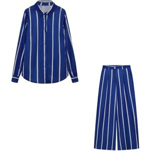 Solid Color Casual Lapel Single Breasted Striped Long Sleeve Shirt Wide Leg Pants Women's Two-Piece Suit, XXL