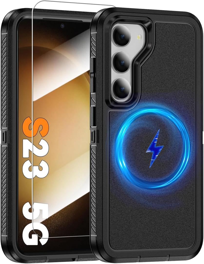 Magnetic Case for Samsung Galaxy S23 [Compatible with Magsafe] [Glass Screen Protector] [Dual Layer Military-Grade Protection] Heavy Duty Shockproof Cover for Samsung S23 5G 6.1 inch, Black