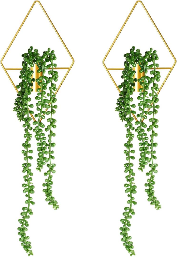 Jexine 2 Pcs Boho Wall Decor Gold Hanging Planters with Artificial Plants Wall Art Mounted Metal Home Decor Display Bedroom Bathroom Living Room (Succulent Plants)