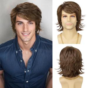 Mens Wig Short Brown Layered Heat Resistant Synthetic Wigs for Male Daily Party Cosplay Costume Halloween Use (Light Brown)