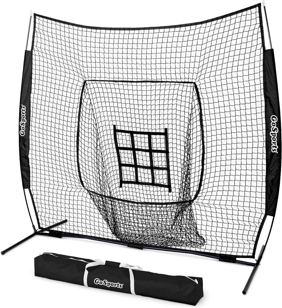GoSports 7 ft x 7 ft Baseball & Softball Nets - Red, Black, Drip or PRO - Practice Hitting & Pitching Net with Bow Type Frame, Carry Bag and Strike Zone, Great for All Skill Levels