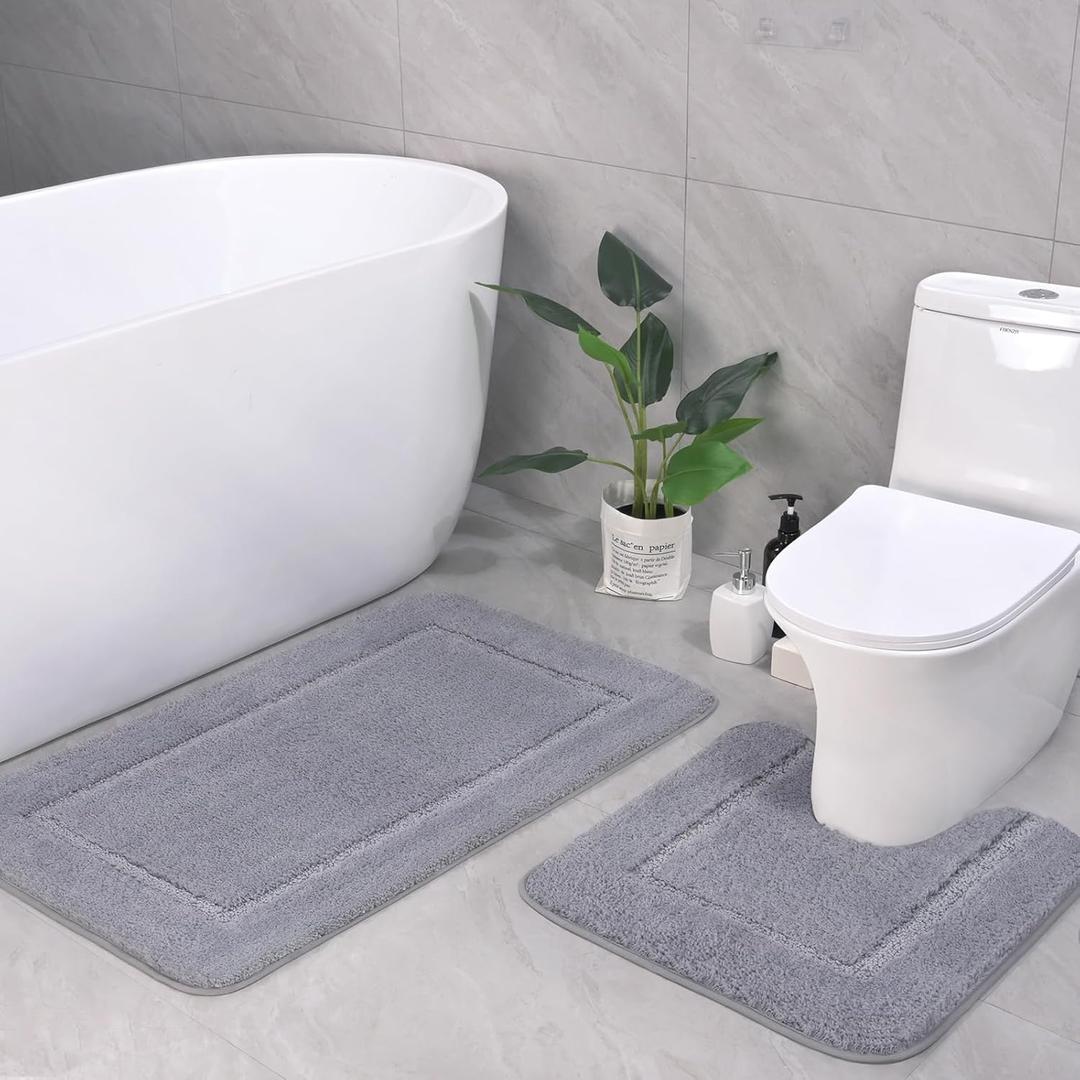 LOCHAS Bathroom Rug Set Light Grey, Soft Bath Rug Set 2 Piece, Toilet Mat U-Shaped 20x20 and 34x20 Bath Rugs, Quickly Dry Mats for Bathroom, Tub, Washable, Super Absorbent Floor Mat