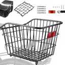 Large Rear Bike Basket - Heavy Duty Metal Bicycle Cargo Crate with Upgraded Anti-Rattle System, Waterproof Liner & Cargo Net - 55LB Capacity Rack Mounted Basket for E-Bike, Cruiser, Mountain Bike