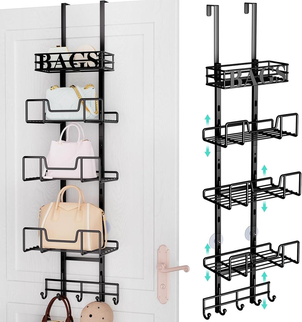 HapiRm Over Door Purse Organizer - Adjustable Purse Storage Rack with Bags Design Metal Basket, Wall Mounted Handbag Organizer, Hanging Handbag Holder, Can Use As 1/2 Part Detachable (5-Tier, Black)