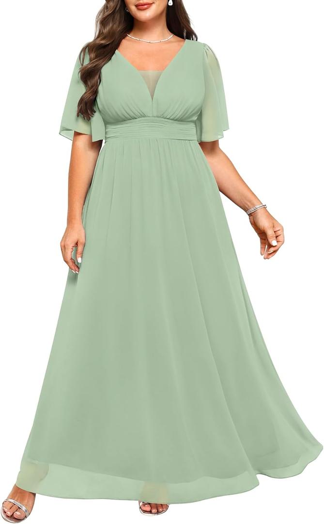 Plus Size Formal Dresses - V Neck Flutter Sleeves Evening Gowns Bridesmaid Wedding Guest Chiffon Long Maxi Dress (Green), 14W