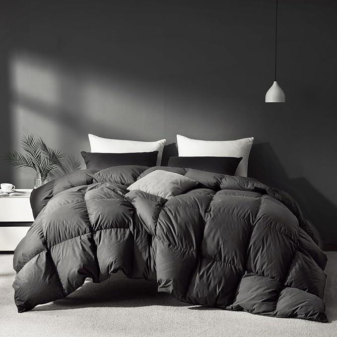 Grey Goose Feather Down Comforter Queen Size, Premium All Season Duvet Insert, 750+ Fill Power 1200TC Cotton Blend Fabric Hotel Style Comforter, 42 Oz Lightweight (90x90, Dark Grey)