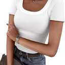 Women's Short Sleeve Tops Casual Scoop Neck Ribbed Knit Slim Fitted Basic Tee Shirts 2025 Summer Trendy Outfits (White, M)