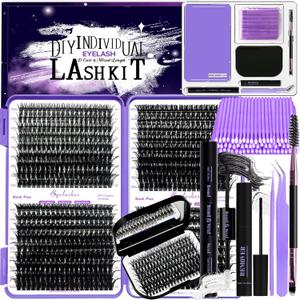 DIY Lash Extension Kit 804Pcs D Curl Individual Lash Clusters Eyelashes Extension Set with Mirror Lash Storage Box Lash Bond&Seal Glue Remover Tweezers Lash Brush Applicator