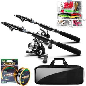 Fishing Pole and Reel Combo - 2PCS Carbon Fiber Telescopic Rods Spinning Reels Saltwater/Freshwater Kit with Lures, Line and Carrier Bag, Travel Fishing Gear for Adults