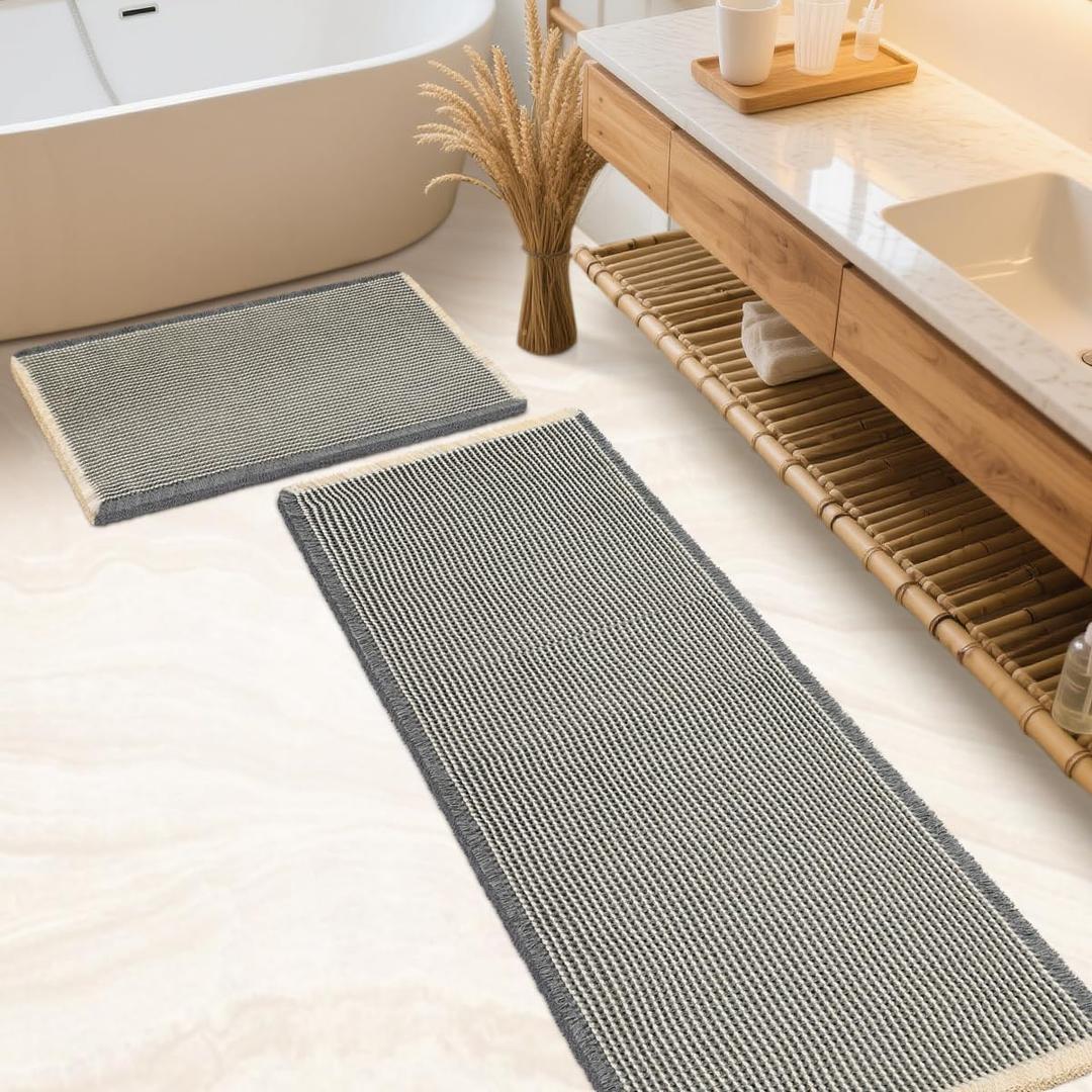 IM HOME Waffle Bath Mat Set 2 Piece Grey & Beige,Woven Modern Bath Rug Mats, Absorbent Non Slip Bath Floor Mat, Soft Washable Boho Bath Rugs with Tassels for Bathroom, Bedroom, Kitchen,Tub