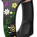 Floral Engraved Slim Band Compatible with Apple Watch Bands for Women 40mm 41mm 38mm 42mm 44mm 45mm 46mm, Thin Soft Silicone Inlay Sport Strap for iWatch Series 10 9 SE 8 7 6 5 4 3 2 1 Ultra (Slim Black/Yellow Flower)