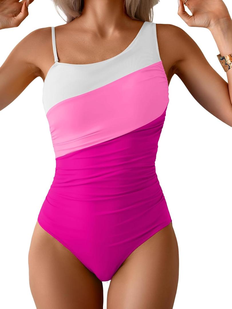 Aidonger One Shoulder One Piece Swimsuit for Women Tummy Control Bathing Suits Color Block Ruched Swim Suit Slimming Swimwear (Pink), Size Small