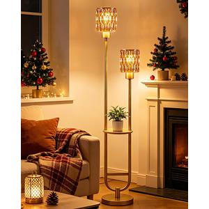 Lightdot Glass Floor Lamp with Shelf 2-Lights Amber Glass Gold Floor Lamps