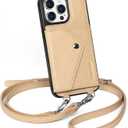 LUCKYCOIN Crossbody Phone Case for iPhone 14 Pro Max,100% Genuine Leather Phone Wallet Case for Women, Premium Hands-Free Phone Purse with Expandable Flip Card Holder & Adjustable Strap - Pebble Beige