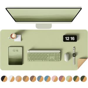 YSAGi Double-Sided Desk Pad, 31.5"x15.7" Leather Desk Mat, Eco Cork Desk Pad Protector,Large Mouse Pad,Waterproof Desk Blotter for Office/Home (Matcha Green/Cork)