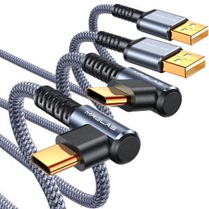 MRGLAS 3.2A USB C Charger Cable,[2-Pack, 10FT] USB A to USB C Right Angle Gold-Plated Type C Charger Fast Charging Durable Braided Cord for iPhone 17 16 15 Samsung S10 S9 Note 10 S21 LG-Grey