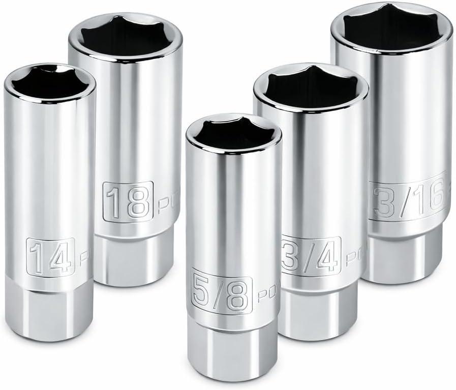 Powerbuilt 3/8-Inch Drive Spark Plug Socket Set, 6 Point, Deep Thin Wall, 5 Piece Metric and SAE - 640855, Grey