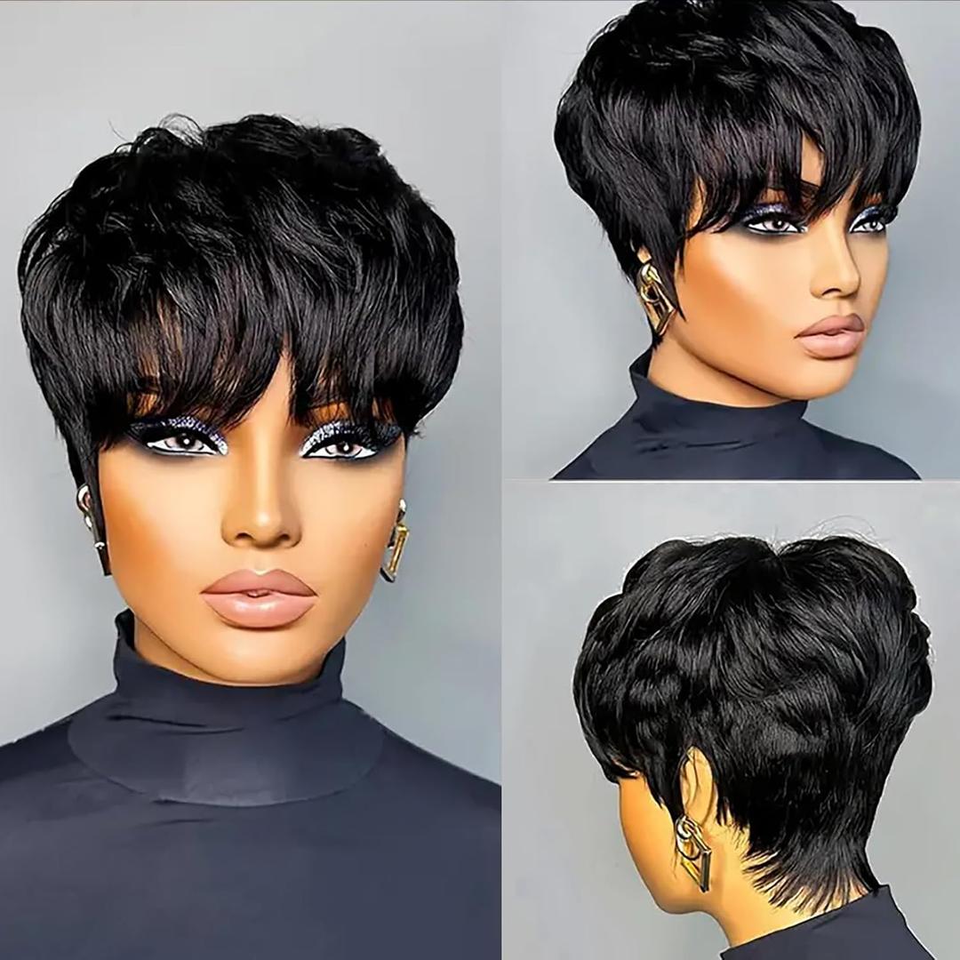 Pixie Cut Wigs Human Hair Short Wigs for Black Women Human Hair Pixie wig with Bangs Short Black Wig Layered Wigs Daily Wear 1B Color None Lace Front Wigs