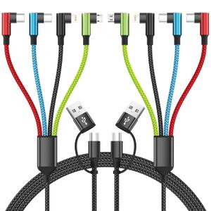 Travel Essentials 90 Degree Charging Cable, 4 in 2 USB A/USB C Multi Charging Cable, Right Angle Universal Phone Charger with IP/Type C/Type C/Micro Port, Compatible with Most Cell Phones and More