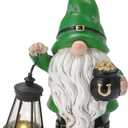 St. Patrick's Day Gnome for Outdoor Decor, Resin Garden Gnome Holding Lantern with Solar Lights, 4.7 * 3 * 6.7inch Solar Garden Statues for Outside, Leprechaun Figurine for Patio, Yard, Lawn