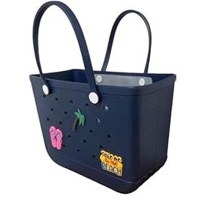 XL Waterproof Rubber Beach Tote Bag with Drainage Holes –Stylish Rubber Bag with Charms for Sand-Free Beach, Pool & Lake Days (Navy Blue)